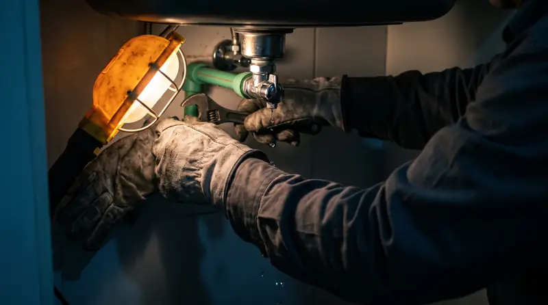 Manos con guantes ajustando con una llave la unión de un caño de agua debajo de una bacha
