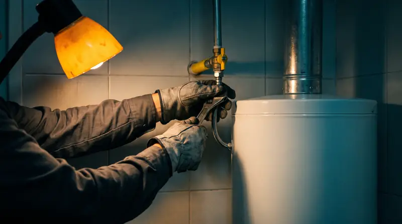 Conexión del flexible de agua de un termotanque a gas recién instalado en un lavadero